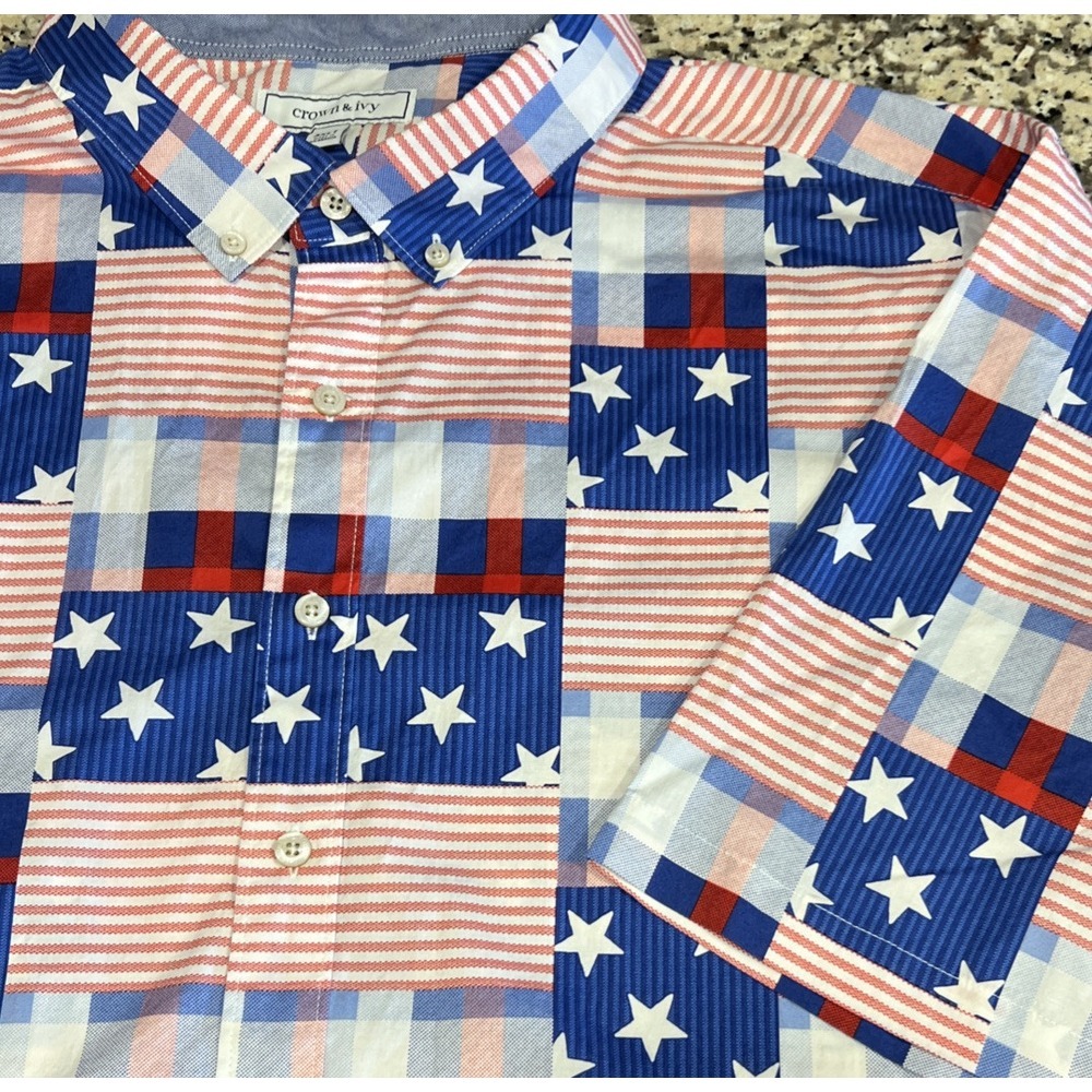 Crown & Ivy Mens Short Sleeve Button Shirt Stars Stripes Patriotic American 3XLT